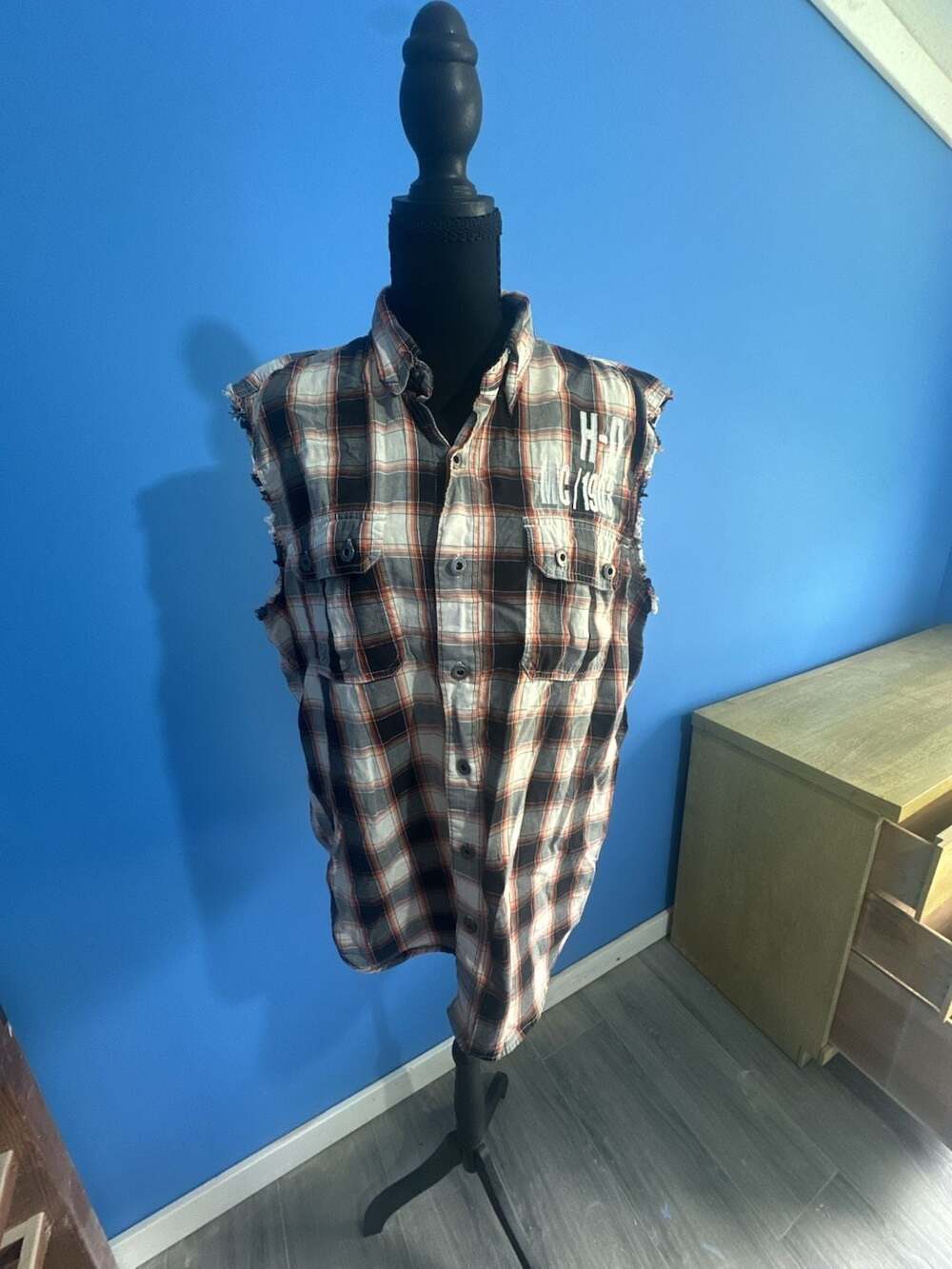 Harley-Davidson Sleeveless Plaid Button-Up Cutoff Shirt Vest Grey Black White